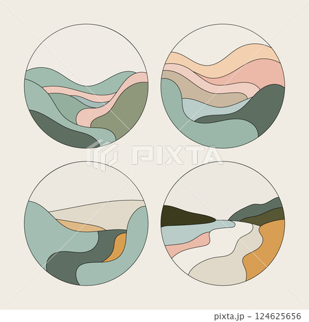 Pastel-Toned Circular Landscape Designs. Great for digital prints, branding, and visual aesthetics. Pastel-Toned Circular Landscape Designs. Great for digital prints, branding, and visual aesthetics. 124625656