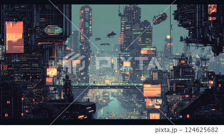 未来都市の夜景とネオンライトのサイバーパンク風景 124625682