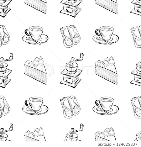 vector seamless pattern line art elements - food, cuisine vector seamless pattern line art elements - food, cuisine 124625837