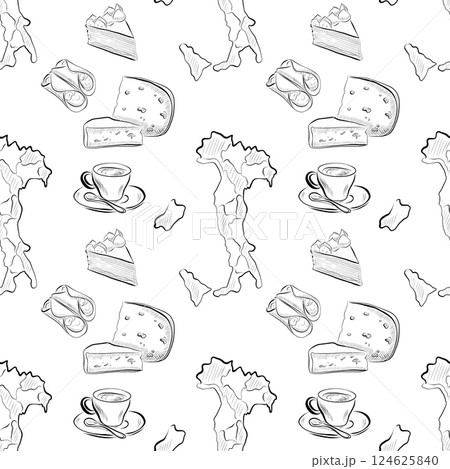 vector seamless pattern line art elements - food, cuisine vector seamless pattern line art elements - food, cuisine 124625840