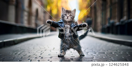 黒い革ジャンを着て街中の路上で踊っている可愛い猫 124625848