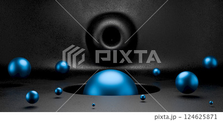 Blue shiny ball against a black interior falling into a hole in the ground. Abstract 3d render. dark moody composition with geometric shapes, modern background design or wallpaper 124625871