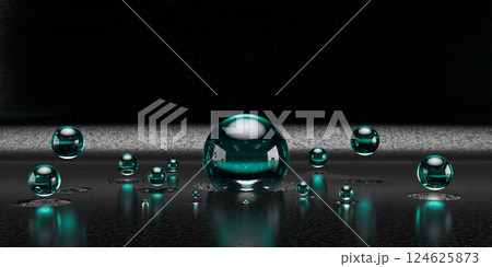 Dark turquoise shiny glass ball against a black interior. Abstract 3d render. dark moody composition with geometric shapes, modern background design or wallpaper 124625873