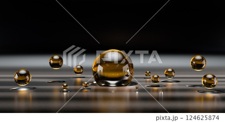 Amber shiny glass ball against a black interior. Abstract 3d render. dark moody composition with geometric shapes, modern background design or wallpaper Amber shiny glass ball against a black interior. Abstract 3d render. dark moody composition with geometric shapes, modern background design or wallpaper 124625874
