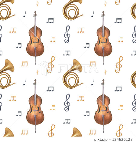 Double bass and French horn with musical notes watercolor seamless pattern isolated background. Woodwind and string instruments illustration. Orchestra elements for textiles, or music themed designs 124626128