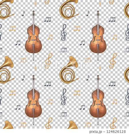 Double bass and French horn with musical notes watercolor seamless pattern isolated background. Woodwind and string instruments illustration. Orchestra elements for textiles, or music themed designs 124626128