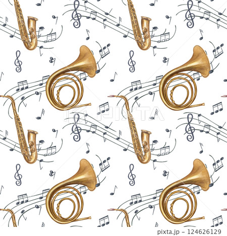 Golden musical notes on black staff watercolor illustration isolated background. Flying sound symbols on waving stave for music branding, educational materials, and concert posters. 124626129