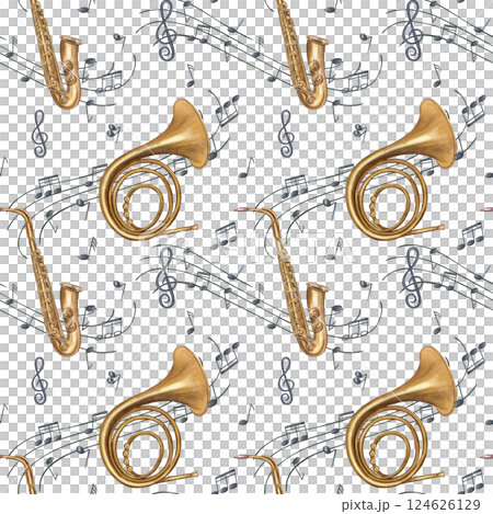 Golden musical notes on black staff watercolor illustration isolated background. Flying sound symbols on waving stave for music branding, educational materials, and concert posters. 124626129