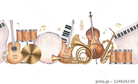 Watercolor musical instruments group seamless banner isolated background. Guitar, double bass, French horn, drum, piano and saxophone composition. For instrumental tutorials, festival posters 124626130