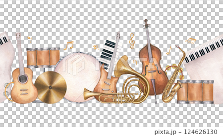 Watercolor musical instruments group seamless banner isolated background. Guitar, double bass, French horn, drum, piano and saxophone composition. For instrumental tutorials, festival posters 124626130