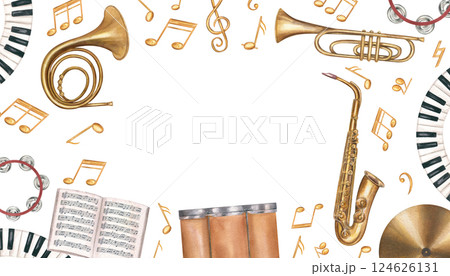 Watercolor percussion, string and wind instruments, musical notes, red splashes horizontal frame isolated background. Drum kit, double bass, piano, music notebook border with empty space for text. Watercolor percussion, string and wind instruments, musical notes, red splashes horizontal frame isolated background. Drum kit, double bass, piano, music notebook border with empty space for text. 124626131