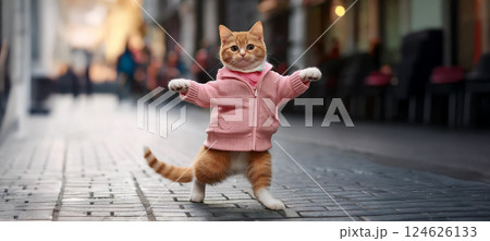ピンクの服を着て街中の路上で踊っている可愛い猫 124626133