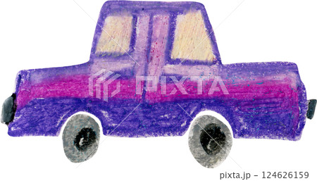 Cute stylized oil pastel retro purple car illustration. Bright violet and pink color hand drawn old-fashioned auto clipart for kids t-shirt textile design, sticker, label, nursery poster Cute stylized oil pastel retro purple car illustration. Bright violet and pink color hand drawn old-fashioned auto clipart for kids t-shirt textile design, sticker, label, nursery poster 124626159