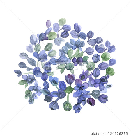 Watercolor of blue- purple hydrangea head. Hand-painted of blooming flower on a white background. Good for postcards, invitations, greeting cards 124626276