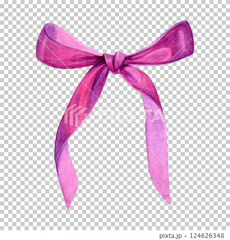 Pink satin ribbon. Watercolor of a decorative element tied in a bow. Good for postcards, recipes, menu, invitations, greeting cards Pink satin ribbon. Watercolor of a decorative element tied in a bow. Good for postcards, recipes, menu, invitations, greeting cards 124626348