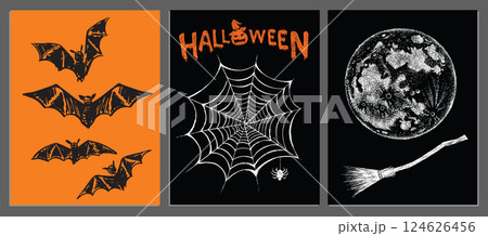 Halloween themed illustrations with pumpkins cats bats and a cauldron Halloween themed illustrations with pumpkins cats bats and a cauldron 124626456
