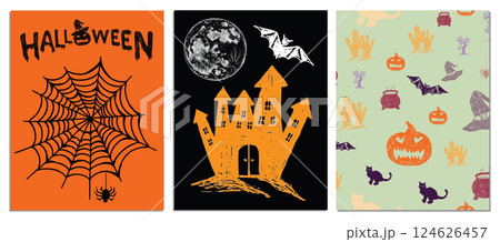 Halloween themed illustrations with pumpkins cats bats and a cauldron Halloween themed illustrations with pumpkins cats bats and a cauldron 124626457