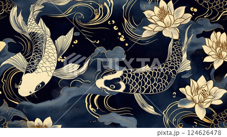 Elegant koi fish swim among golden lotus flowers Elegant koi fish swim among golden lotus flowers 124626478