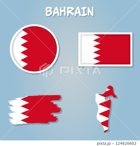 Bahrain map including map with reflection, map in flag colors, glossy and normal flag of Bahrain. Bahrain map including map with reflection, map in flag colors, glossy and normal flag of Bahrain. 124626602