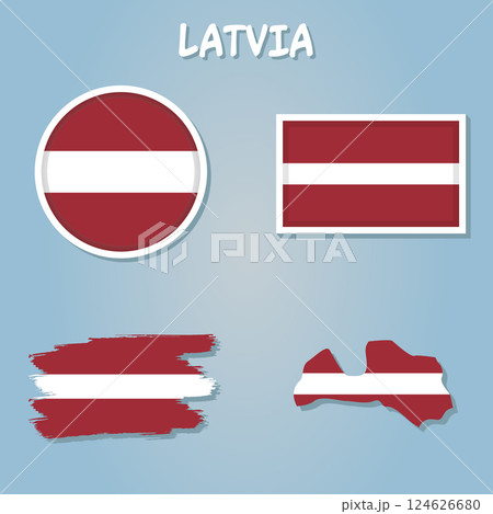 Map of Latvia on a blue background, Flag of Latvia on it. 124626680
