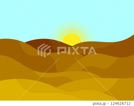 Mountain landscape in a minimalist style, rocks and canyons. Wavy landscape with the sun on the horizon. Boho decor for print, poster and interior design. Modern mid-century decor. Vector illustration 124626712