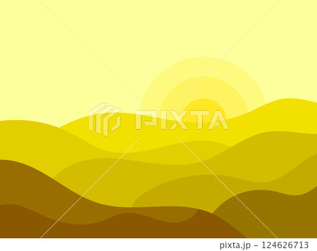 Desert landscape with dunes and sun in a minimalist style. Desert wavy landscape with sun. Design for printing banners, posters, book covers. Vector illustration 124626713