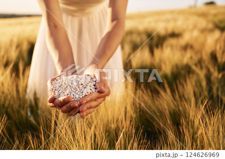 Natural component. Close up view of perlite in woman's hands that is on the agricultural field 124626969