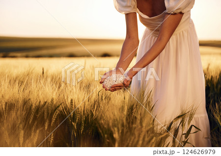 Quality product. Close up view of perlite in woman's hands that is on the agricultural field 124626979
