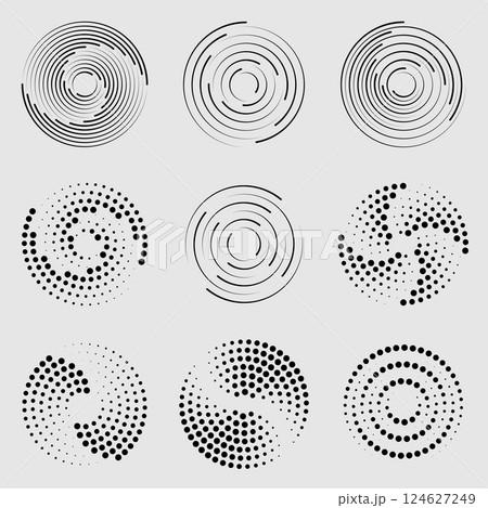 Set of black thick halftone dotted speed lines. Set of black thick halftone dotted speed lines. 124627249