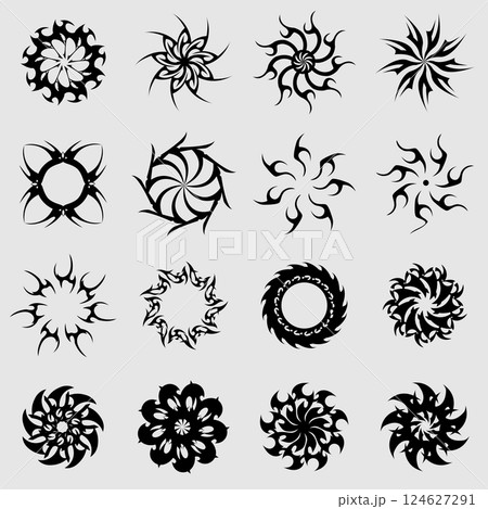 Tribal elements monochrome geometric ornament set. Tribal elements monochrome geometric ornament set. 124627291