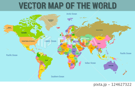 Vector map of the world with the names of the countries, with the borders of the countries. 124627322