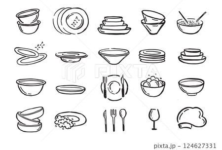 Plate set. Isolated on white background. Hand drawn style. Vector illustration. Plate set. Isolated on white background. Hand drawn style. Vector illustration. 124627331