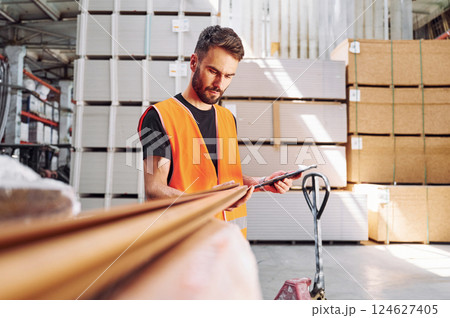 Checking quality of product. Storage worker is in the warehouse 124627405