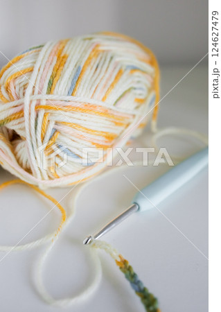 Colorful yarn ball with crochet hook on white background 124627479