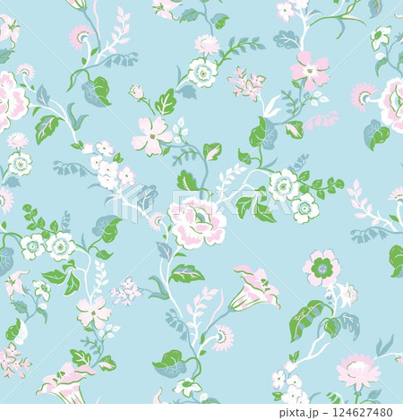Seamless Millefleurs Floral Pattern with Small Hand-Drawn Flowers in Liberty Style. Vintage Spring Bouquet Design for Fashion Prints. Vertical floral wallpaper 124627480