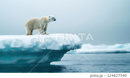 A lonely polar bear standing on a shrinking iceberg, highlighting the impact of climate change and global warming. 124627540