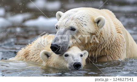 A polar bear family are swimming in a sea of shrinking iceberg, highlighting the impact of climate change and global warming. A polar bear family are swimming in a sea of shrinking iceberg, highlighting the impact of climate change and global warming. 124627541