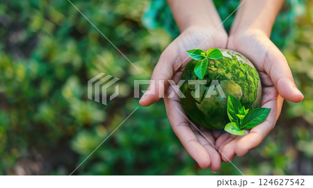 A pair of hands gently holding a small globe with green leaves sprouting from it, symbolizing environmental protection. 124627542