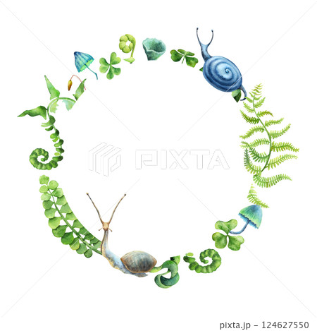 Forest plants wreath. Botanical greenery with snails, with green and blue shades. Hand drawn watercolors isolated on transparent background. Biophilic style, ideal for ecological and spiritual topics Forest plants wreath. Botanical greenery with snails, with green and blue shades. Hand drawn watercolors isolated on transparent background. Biophilic style, ideal for ecological and spiritual topics 124627550