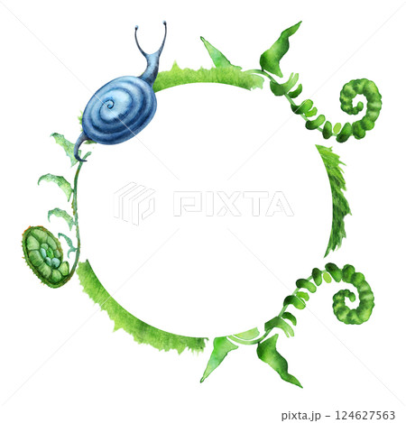 Forest plants wreath. Botanical greenery with snails, with green and blue shades. Hand drawn watercolors isolated on transparent background. Biophilic style, ideal for ecological and spiritual topics 124627563