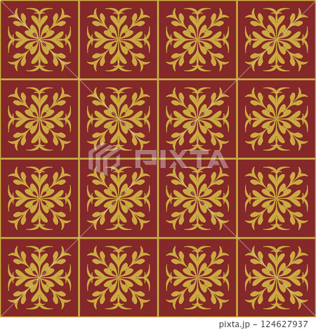 Seamless damask pattern, decorative gold and red wallpaper elements. 124627937