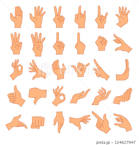 Hands poses. Female hand holding and pointing gestures. 124627947