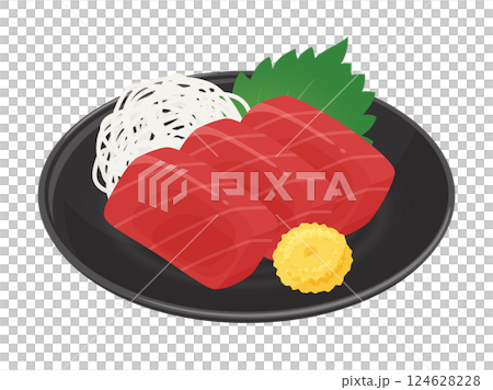 お皿に盛り付けたマグロの刺身のイラスト素材 124628228