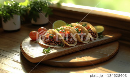 Tacos, mexican food on wooden stand Tacos, mexican food on wooden stand 124628408