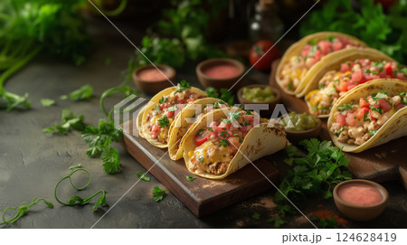 Tacos, mexican food on wooden stand 124628419