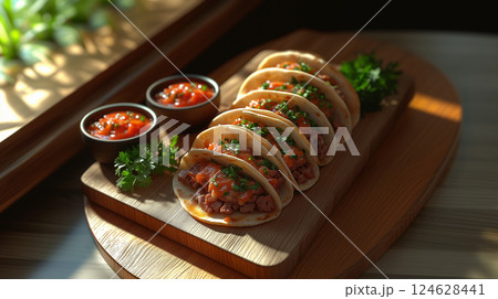 Tacos, mexican food on wooden stand Tacos, mexican food on wooden stand 124628441