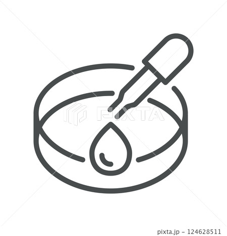Petri Dish and Dropper Icon. Minimal Outline Illustration of a Droplet in a Petri Dish, Representing Microbiological Culture, Laboratory Analysis, and Scientific Research in Medical Testing. 124628511