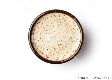 Cup of coffee latte, top view, isolated on white background. 124628565