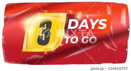 Three Days To Go Vector Bold White Numerals on Dynamic Red and Yellow Background, Modern Countdown Design for Anticipated Events and Near Deadlines, Perfect for Marketing 124628707