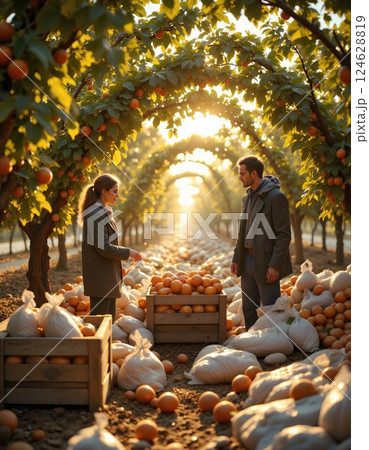 Autumn orchard harvest scene with fresh oranges and farmers at sunrise 124628819